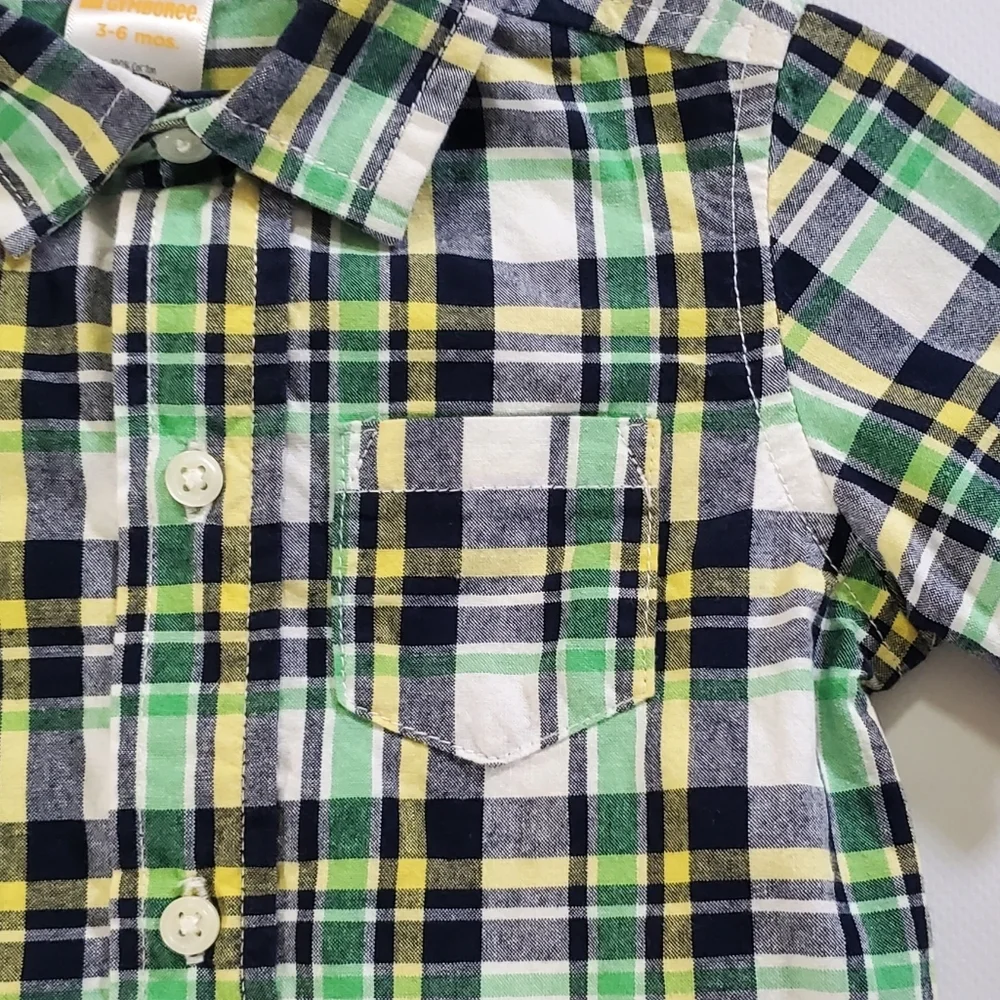 K1398 * Gymboree Auto Baby Plaid Button Down Shirt Green Short Sleeve Size 3/6M